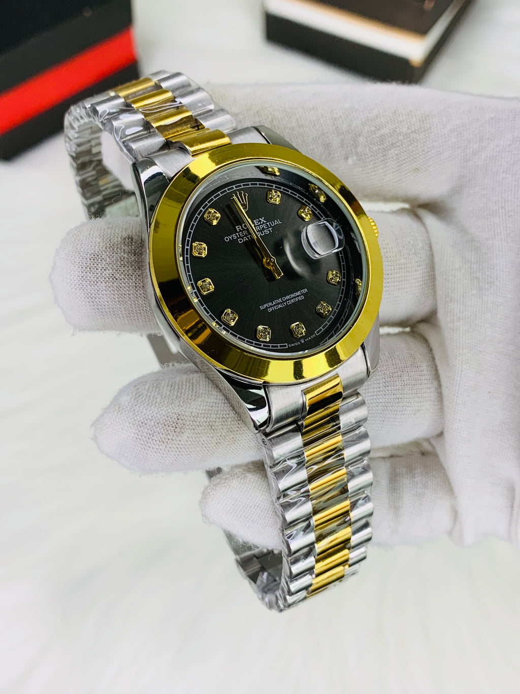 Rolex stone two tone black